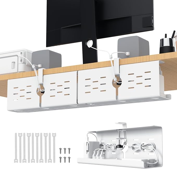 KEEGH 16" Under Desk Cable Management Tray, No Drill Clamp Mount, Desk Cord Organizer Upgrade Capacity, Cord Management Tray for Home Office, Gaming Desk, Standing Desk, White, 2 Pack