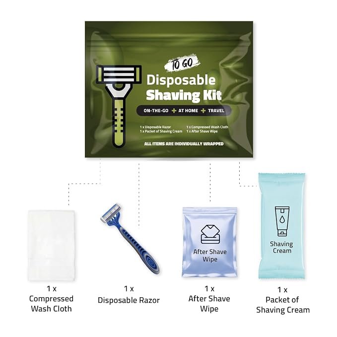 Travel Shaving Kit with Razor, Shaving Cream, Washcloth and Aftershave Wipe, Men's Disposable Grooming Pack (Green) (5)