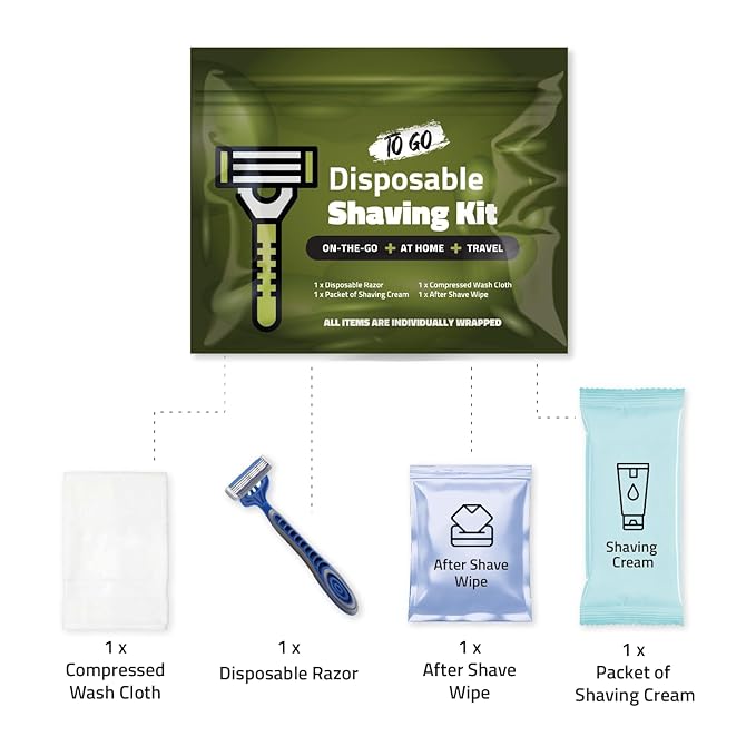 Travel Shaving Kit with Razor, Shaving Cream, Washcloth and Aftershave Wipe, Men's Disposable Grooming Pack (Green) (3)