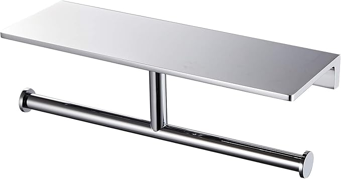 Double Toilet Roll Paper Holder Bathroom Solid Brass and Superior Hotel Style Wall Mount Tissue Roll Holder with Storage Shelf Bright Chrome Finished