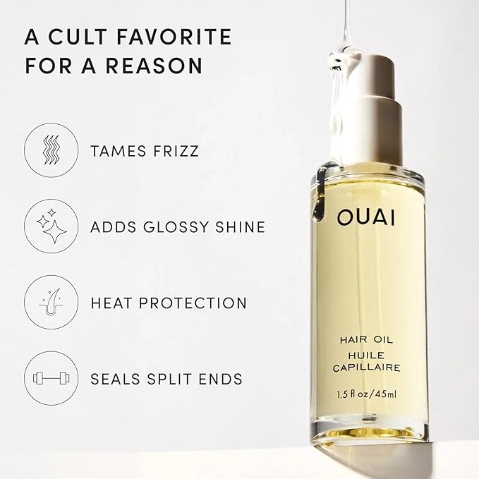 OUAI Hair Oil Full Size & Travel Size - Heat Protectant Serum & Smoothing Treatment + Ama, Galanga Root, Baobab & Borage Oils - Frizz Control, Shine Boost, 450°F Heat Shield, 1.5 oz + 0.45 oz, 2 Count