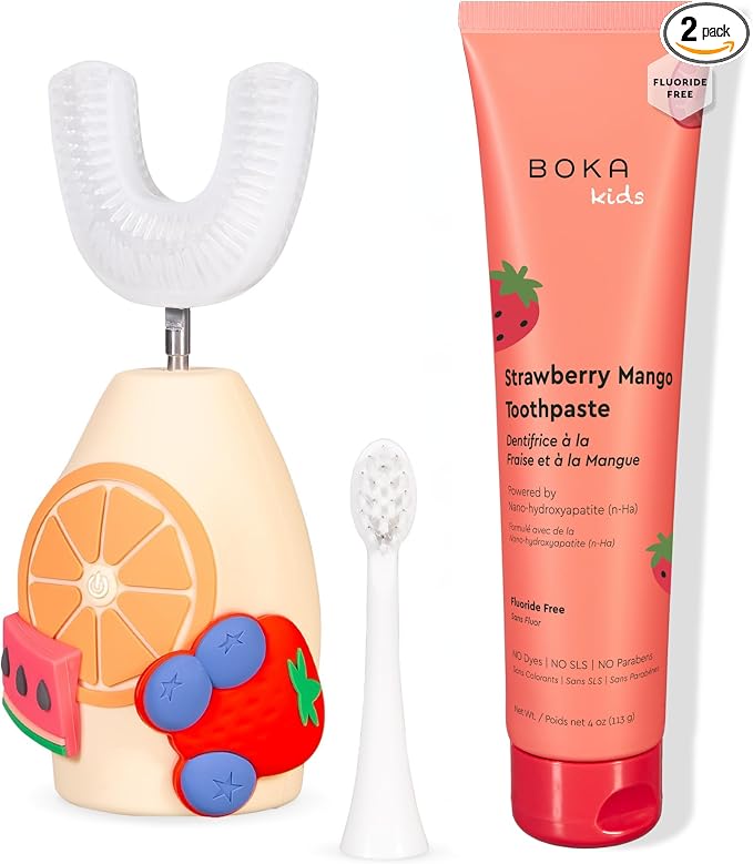 Boka Fluoride Free Toothpaste Nano Hydroxyapatite Toothpaste - Strawberry Mango 4 oz, Boka Kids Sonic Electric Toothrush - Oral Care, U Brush and Nylon Brush Bundle