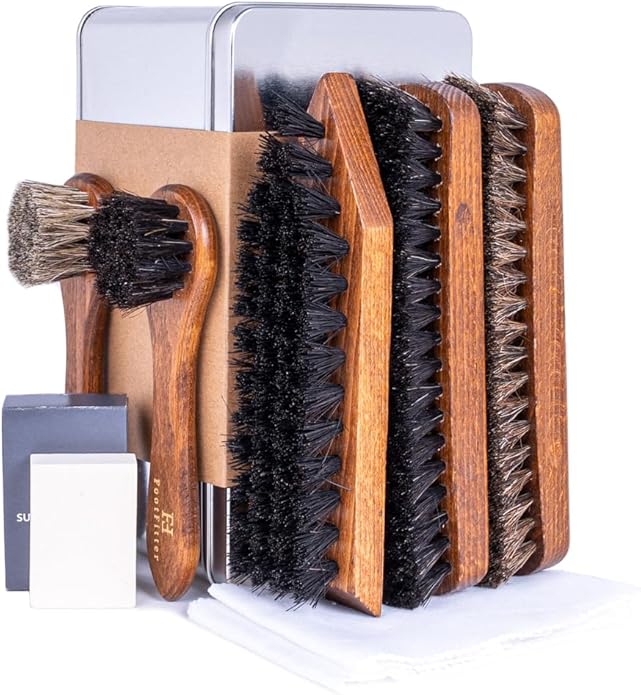 FootFitter Premium Shoe Care Brush Set, Horsehair Shine Brushes & Tools for Polishing Leather & Suede Shoes (Made in Germany)