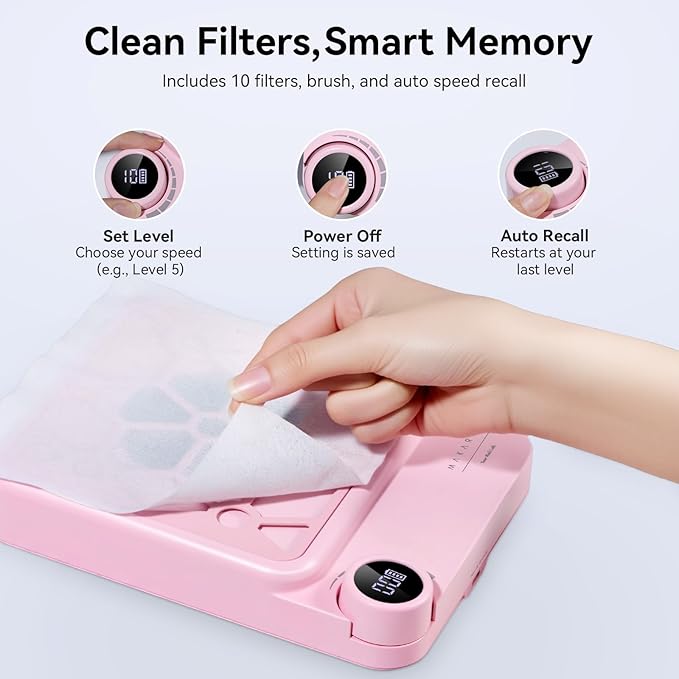 Makartt Compact Rechargeable Nail Dust Collector - 5500RPM Dust Collector Nail Tech ERYNOS Adjustable Speed,Quiet for Polishing Cuticle Manicure Salon&Home Use With 10pcs Filters&Dust Brush White