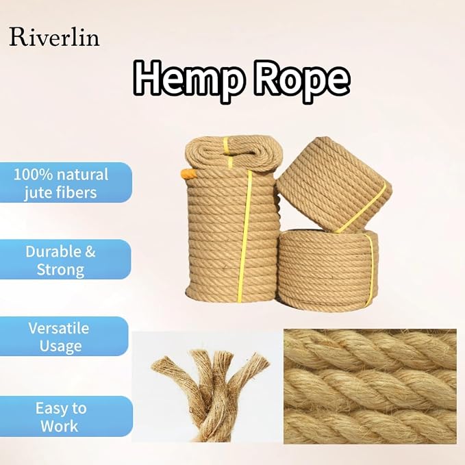 Natural Jute Rope, 1 Inch x 100 FT, 4-Strand Twisted Heavy Duty Hemp Rope for Porch Swing, Tug of War, Landscaping, Crafts and Nautical Decor