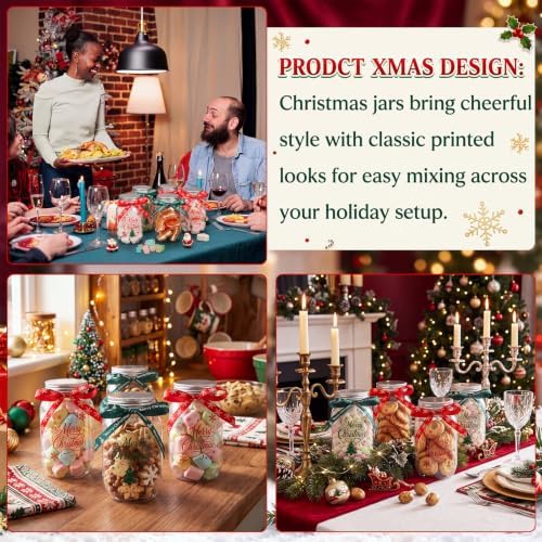 FillTouch 32 Set Christmas Mason Jars 12oz Plastic Jars with Lids Ribbons
