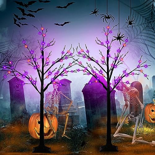 2 Pack 4FT Lighted Black Halloween Tree with 96 LED Orange & Purple Lights