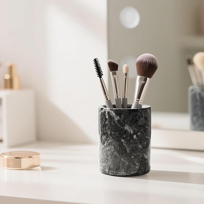 Pen Holder Stand Italy Natural Premium True Marble Makeup Brush Holders, Tableware Organizer Desk Pencil Cup for Home Office School Decor Dark Grey (DL012)