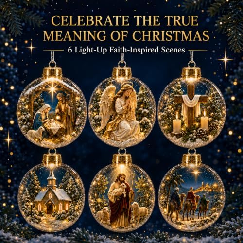 6 Pack Lighted Christian Christmas Ornaments, 3.15 Inch Religious Globes