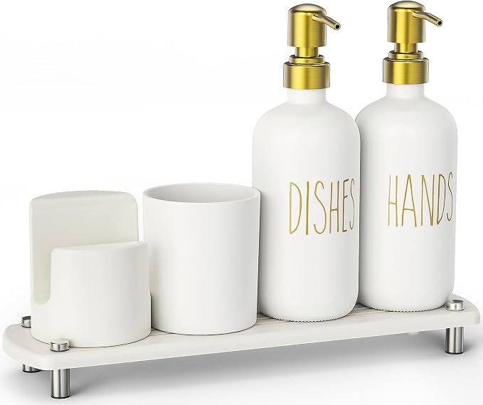 Cisily Kitchen Soap Dispenser Set Comes with Ceramics Sponge Holder, Gold Pumps, and Instant Dry Tray, Hand and Dish Soap Dispenser Set (5, Gold + White + Brush Holder + Sponge Holder)
