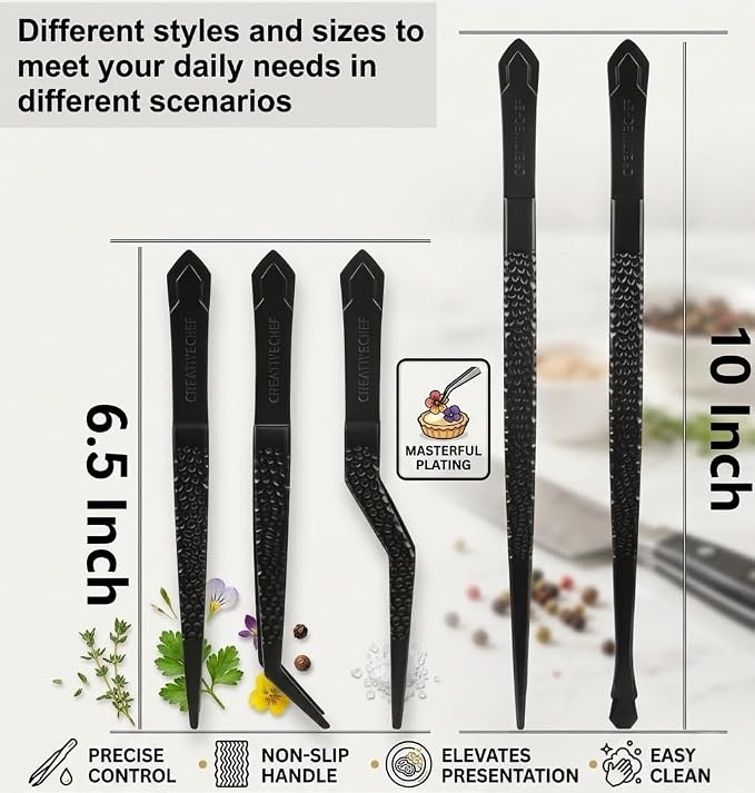 CREATIVECHEF Chef Tweezer Tongs, Professional Kitchen Tweezers, Precision Tweezer Tongs for Cooking, BBQ, Plating, Stainless Steel, Black (5)