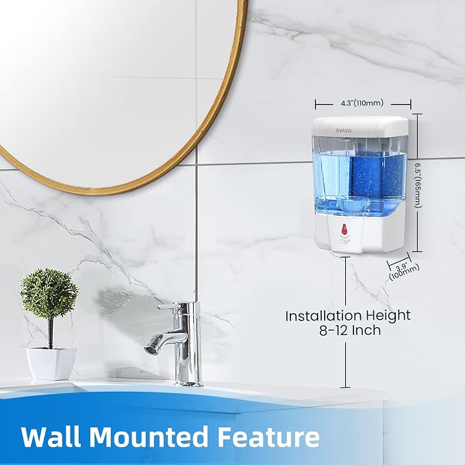 SVAVO Automatic Soap Dispenser Touchless, 21oz/600ml Soap Dispenser Wall Mount, Liquid Soap Dispensers for Hand Soap Refill, Bathroom, Kitchen, Household, Commercial Place, ABS Plastic White