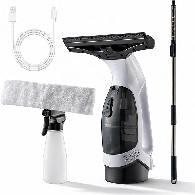 Window Vacuum Squeegee Cordless, Strong Suction Electric Window Cleaner with Water Collection, Window Cleaning Kit with Spray Bottle, Telescopic Pole for Glass Doors, High Window, Tile, Car