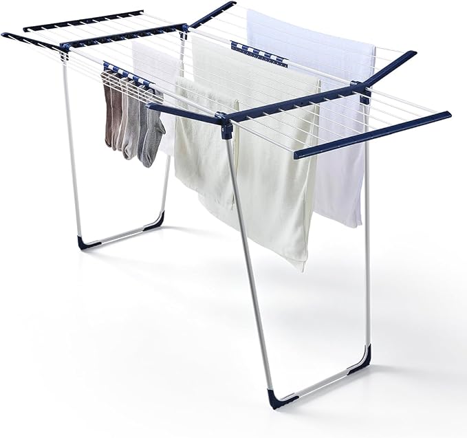 JS HANGER Extendable Clothes Drying Rack with Fold-Out Wings & Sock Clips, Expands from 41" to 67", Extra Wide Laundry Drying Rack Indoor Outdoor, Folding Rack for Clothes, Towels & Delicates