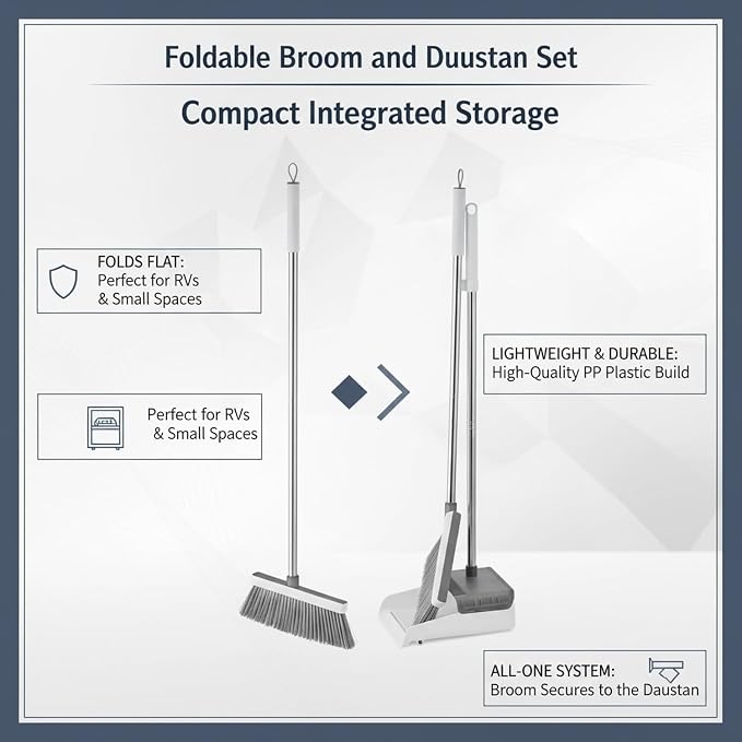 Foldable Broom and Dustpan Set, Compact Angle Broom with Integrated Storage for RV, Camper, and Small Apartment Cleaning