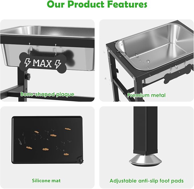 2 Gallon Elevated Dog Water Bowl for Large Dogs with Spill-Proof Mat, 4-Height Adjustable Raised Dog Water Bowl Stand (9.4-14.2'') with Stainless Steel Bowls for Indoor/Outdoor