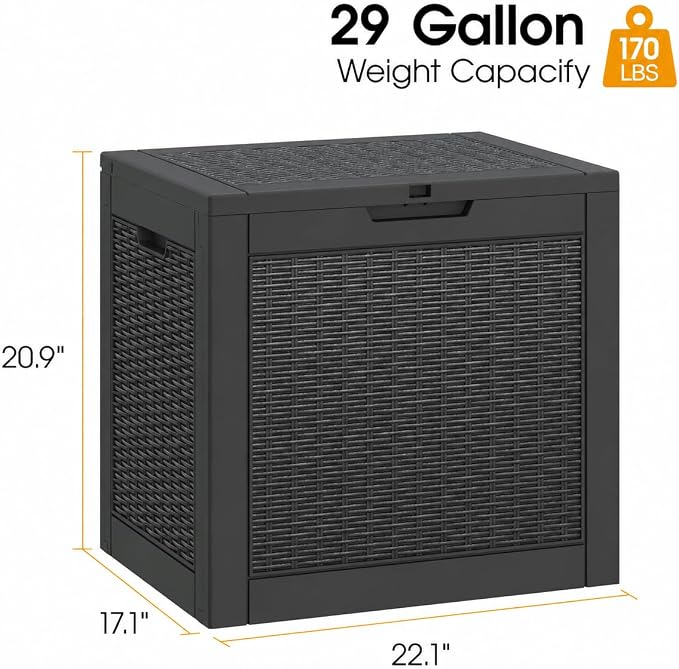 29 Gallon Outdoor Storage Box, Resin Deck Boxes Indoor and outdoor, Waterproof Storage Box Lockable Lid for Garden Tools, Package Delivery, Pool Supplies, Patio Cushions, Black