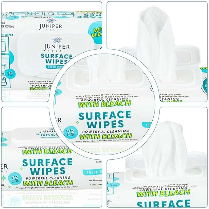 Juniper CLEAN 1 Pack Surface Wipes with Bleach, All-Purpose Cleaner for Bathroom, Kitchen, Office, 72 Count Soft Flow, Fresh Scent, Lint Free & Durable