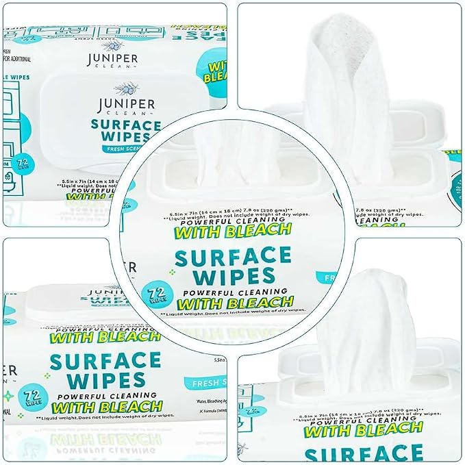 Juniper CLEAN 3 Pack Surface Cleaning Wipes with Bleach, All-Purpose Cleaner for Bathroom, Kitchen, Office, 216 Count Soft Flow, Fresh Scent, Lint Free & Durable