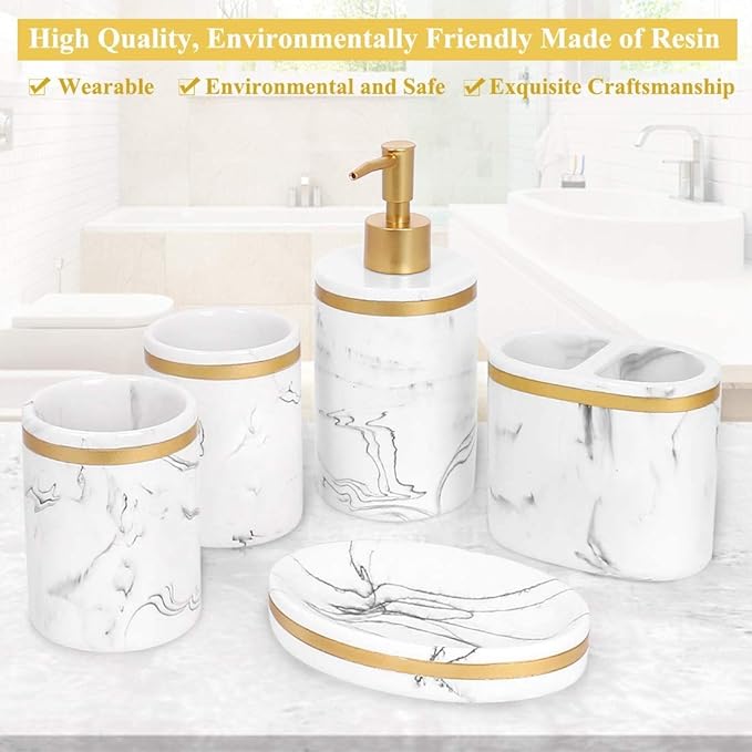 Sierra Selected Bathroom Accessory Set, 5 Piece White Gold Elegant Marble Classic Soap Dispenser Soap Dish 2 Tumblers Toothbrush Holder, Meticulous Housewarming Wedding Gift