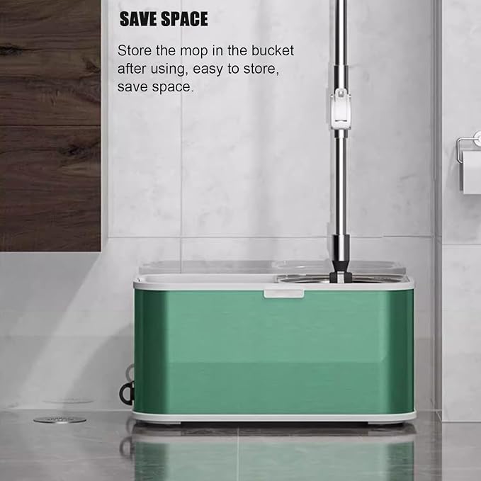 Stainless Steel Spin Mop Bucket Set with 5 Microfiber Mop Heads (Green) | 360° rotating mop head, adjustable handle, rolling wheels, cleans tile, hardwood & laminate floors