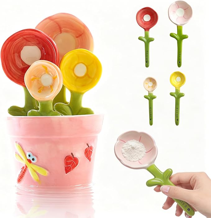 Ceramic Measuring Spoons, 2027 New Flower Measuring Spoons Set In Pot, with Base Decorative Flower Pot and Cup Set for Home and Kitchen (Pink base)