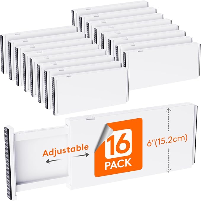 Lifewit 16 Pack 6" High Drawer Dividers 34-56cm/13.5-22" Adjustable Drawer Organizer for Clothes/Utensils, Expandable Drawer Separator in Dresser/Kitchen/Bedroom/Office Organization & Storage White