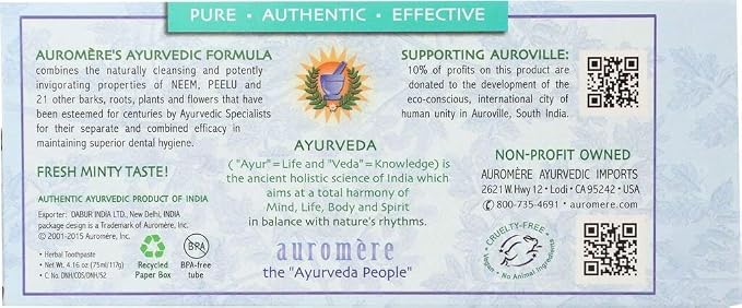 Auromere Ayurvedic Herbal Toothpaste, Fresh Mint - Vegan, Natural, Non GMO, Flouride Free, Gluten Free, with Neem & Peelu (4.16 oz), 10 Pack