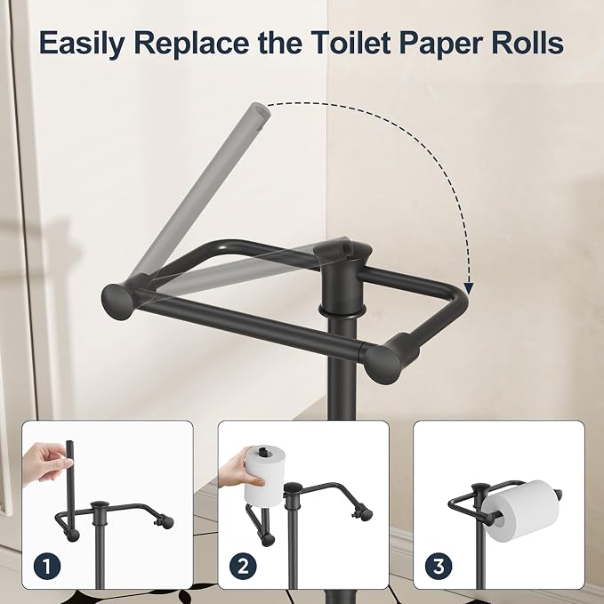 Bathroom Toilet Paper Holder Stand, Matte Black Toilet Paper Holder Free Standing, Stainless Steel Pivoting Toilet Tissue Roll Holder，Adjustable Height (14 to 24 Inch) Paper Holder