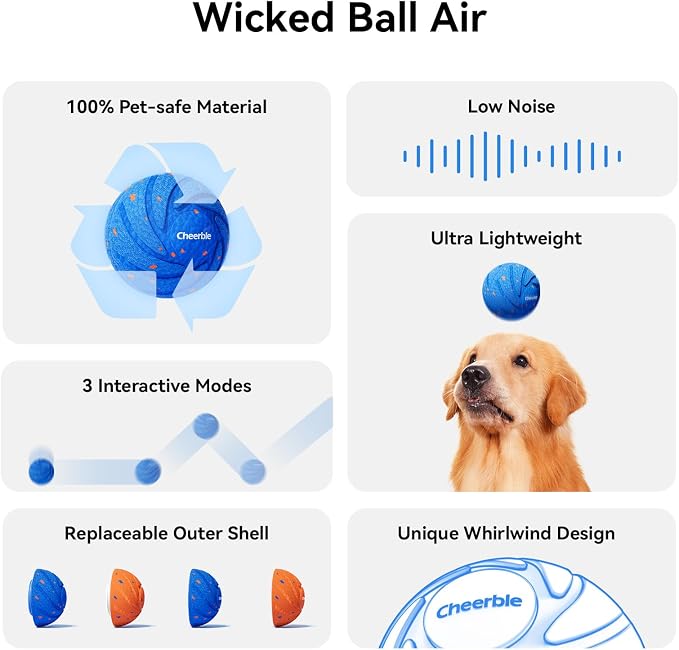 Cheerble Smart Interactive Dog Toy, Wicked Ball AIR, Automatic Moving, Bouncing, and Rotating, E-TPU Material, IPX7 Waterproof Rating, Active Rolling Ball for Puppy, Medium and Large Dogs