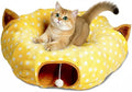 AUOON Cat Donut Tunnel with Bed for Kitten Puppy Rabbit Ferret, Yellow | 2-in-1 Interactive Cat Toy, with Hanging Ball Toy, Machine Washable Center Pad, 36"L x 36"W x 10.7"H