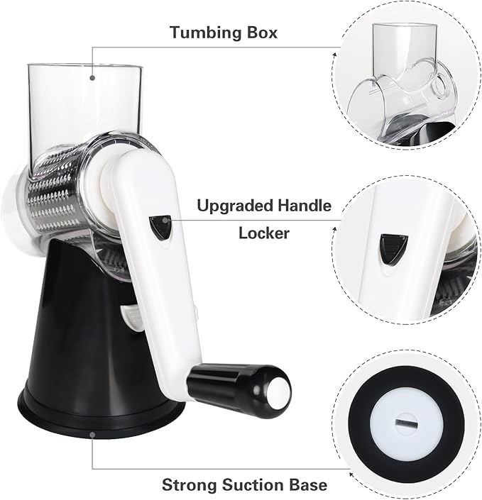 Cambom Rotary Cheese Grater Hand Crank Cheese Shredder for Fresh Cheese, Vegetable, Nuts,Non-slip Suction Base, Three Blades, Black