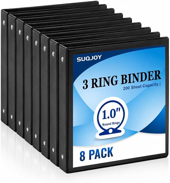 SUQJOY 1-inch 3-Ring Binder, 1" Round Ring Binder with 2 Inside Pockets, 8 Pack Black Binders, Clear View Cover, Holds 8.5'' x 11''Paper for Office/Home/Back to School