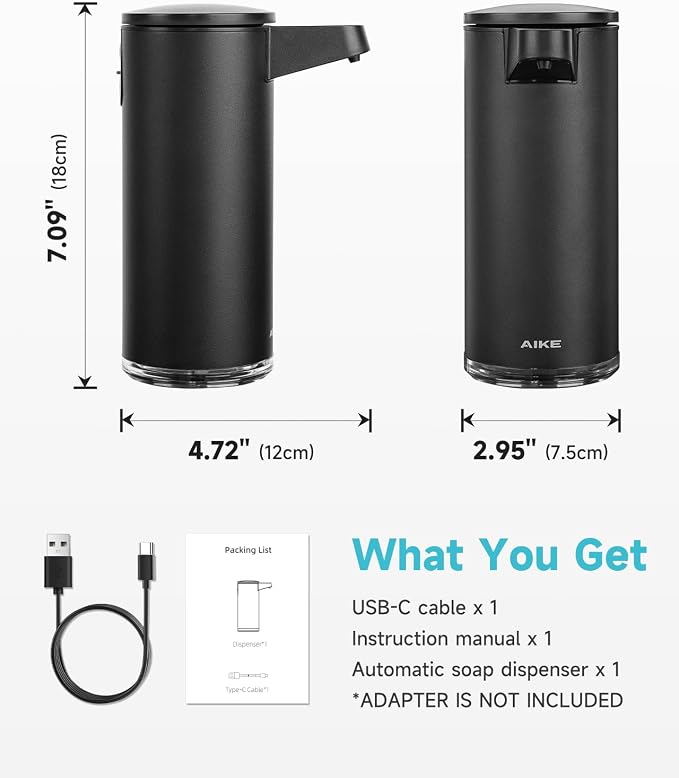 AIKE SensePro Automatic Soap Dispenser 12.8oz Spot Resist Matte Black | Type-C Charge with Months Long Standby Time, Adjustable 5 Levels Precise Dispense for Home Dish Soap and Hand Soap