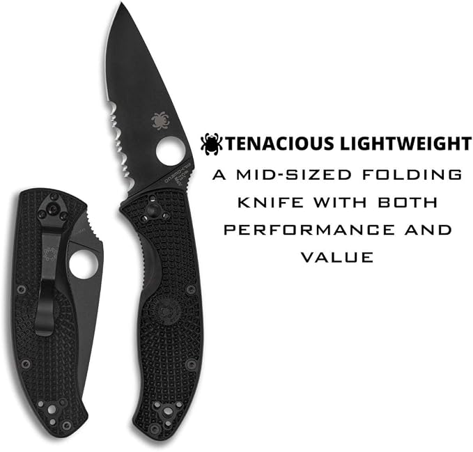 Spyderco Tenacious Lightweight Folding Pocket Knife, CombinationEdge | 7.77" Overall Length, 3.3" 8Cr13MoV Steel Blade, Black, FRN Handle, LinerLock, Full-Flat Grind
