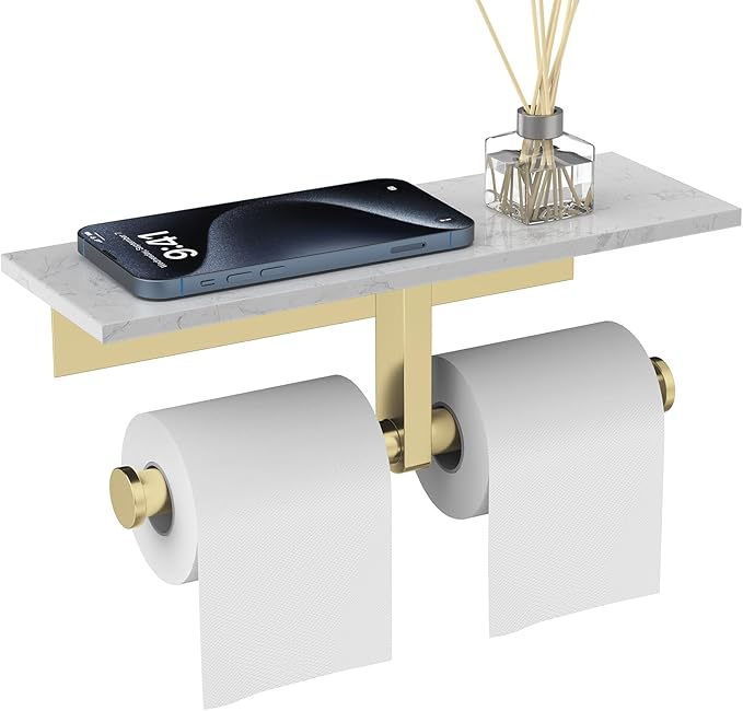 Marble Toilet Paper Holder with Shelf,Doulble Bathroom Tissue Roll Holder,304 Stainless Steel Toilet Paper Holder Wall Mounted,Modern Tissue Holder for Bathroom Washroom,Brushed Gold