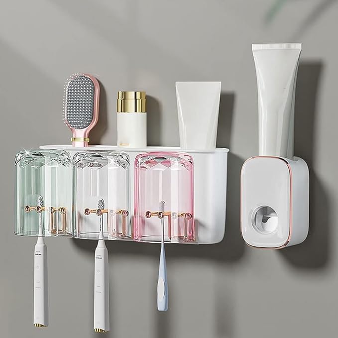 Toothbrush Rack Wall Mounted Toothbrush Holder Multifunctional Bathroom Storage Rack with Mouthwash Cup, Toothpaste Squeezer Kit Bathroom Toothbrush Holder(C)