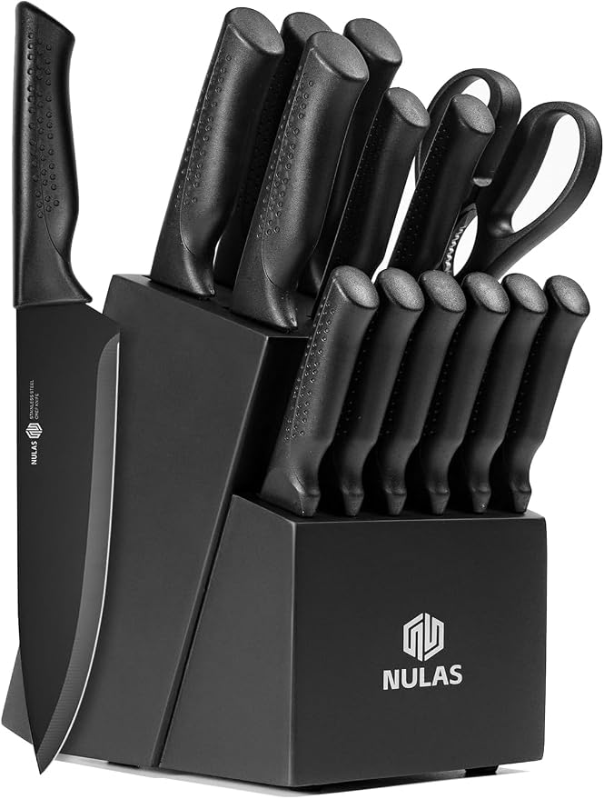Knife Set, 15-Piece Kitchen Knife Set with Block and Built-in Sharpener, Dishwasher Safe, Non-slip Handle, 6 Steak Knives, Black