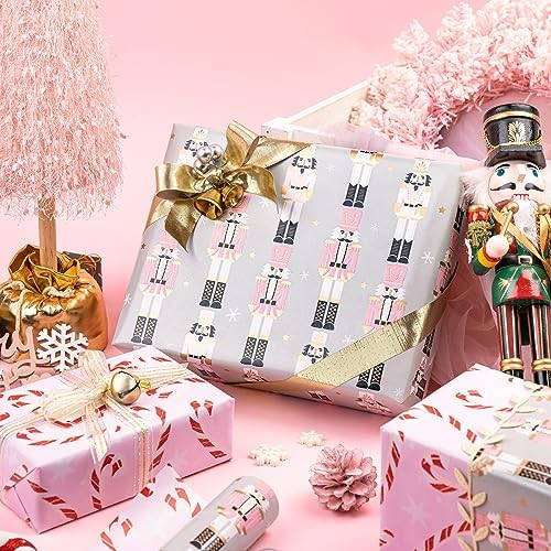 WRAPAHOLIC 30 Inch Jumbo Reversible Nutcracker Christmas Wrapping Paper - 30 Inch x 100 Feet Jumbo Roll Nutcracker and Candy Cane Design Printed on Pearlized Paper for Chrsitmas, Holiday, Party