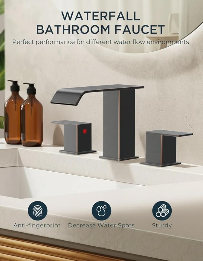 FORIOUS Bathroom Faucets 3 Hole Oil Rubbed Bronze, 8 Inch Widespread Bathroom Sink Faucet Waterfall Spout, with Pop Up Drain and Water Supply, Suitable for Vanity Rv Commercial Lavatory Restroom