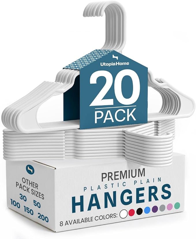 Utopia Home Plastic Hangers 20 Pack – Space Saving Clothes Hanger White | Durable & strong | Closet organizer & storage | Ideal for apartments, dorms & stocking stuffers