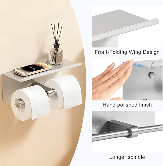 4 Pack Double Toilet Paper Holder with Shelf, Wall Mount Tissue Roll Holder for Bathroom, Heavy Duty 304 Stainless Steel Commercial Toilet Paper Dispenser with Phone Shelf - Brushed Nickel