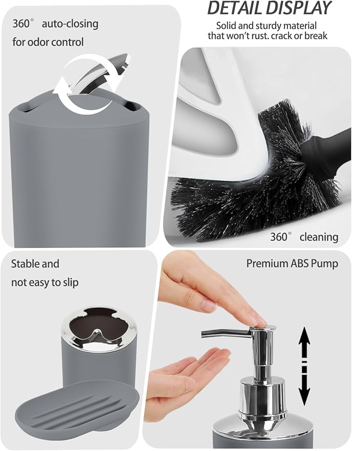 Lnond Grey Bathroom Set, 22-Piece Orange Geometry Bathroom Decor Set with with Shower Curtain and Rugs, Trash Can, Toilet Brush Holder Set & Soap Dispenser