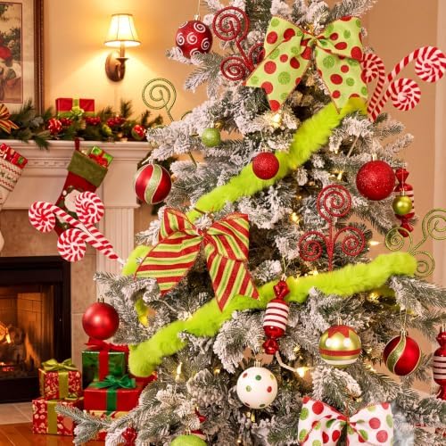 59 Pcs Christmas Tree Decorations Peppermint Candy Ornaments Candy Cane Tree Picks Xmas Balls Bow Lime Green Garland Christmas Hanging Ornaments for Xmas Home Office Decorations