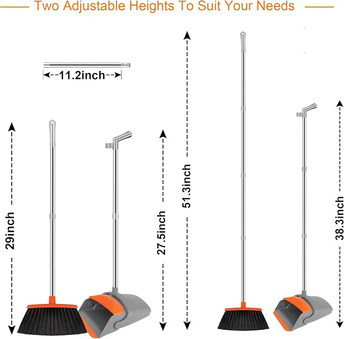 Broom with Dustpan Set & Mini Hand Brush Set, 51" Long Handle Upright Cleaning Combo with Self-Cleaning Teeth for Home Kitchen Pet Hair