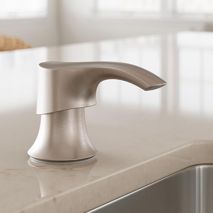 Pfister SoloTilt Kitchen Sink Soap Dispenser Counter-Mounted Stainless Steel Finish with Forward Tilting Thumb-Activated Pump Head and 16 oz Bottle for Dish Soap KSDKEMGS