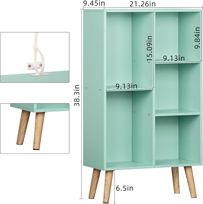 LEYAOYAO 5 Cube Bookshelf, Mid-Century Modern Book Shelf with Legs, Green | 3 Tier Bookcase, Rustic Wood Bookshelves Freestanding Small Storage Organizer, Open Shelves for Bedroom, Living Room, Office