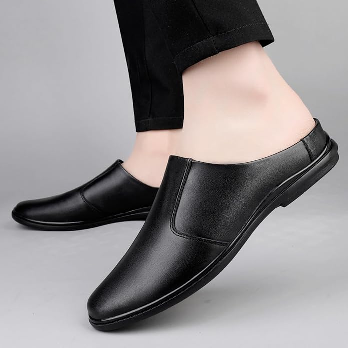 Men'S Leather Slippers Without Heel Straps Soft And Breathable Comfortable Hand-Sewn Casual Round-Toe Shoes Anti-Slip Sole Suitable For Daily Use Outdoor Activities Home Use Shopping