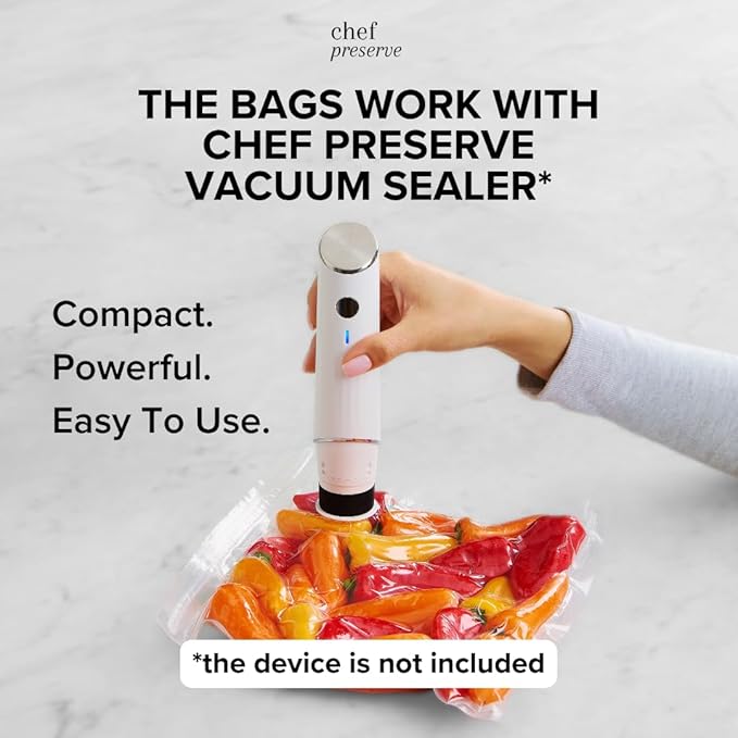 Chef Preserve Reusable Vacuum Sealer Bags for Food – 60 BPA-Free Food Storage Bags, Freezer, Microwave – Odor-Resistant, Leak-Proof – Compatible with Chef Preserve Vacuum Sealers