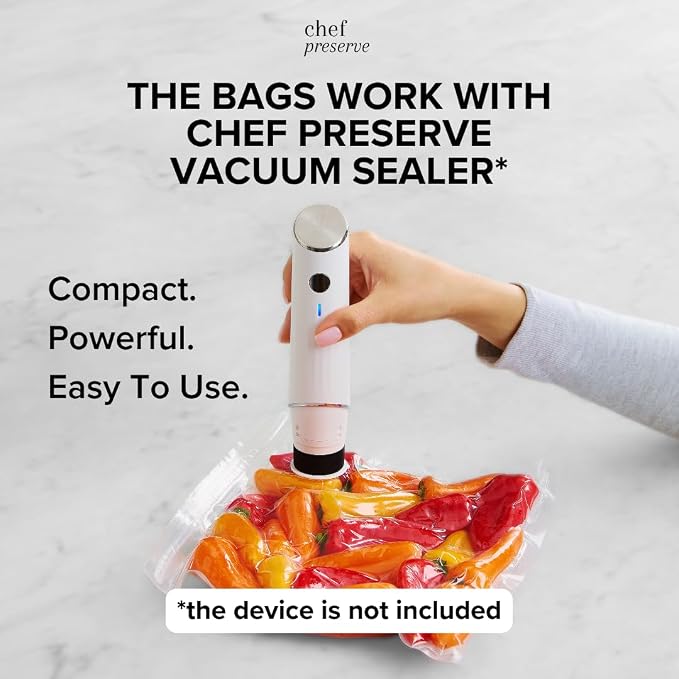 Chef Preserve Reusable Vacuum Sealer Bags for Food – 30 BPA-Free Food Storage Bags, Freezer, Microwave – Odor-Resistant, Leak-Proof – Compatible with Chef Preserve Vacuum Sealers